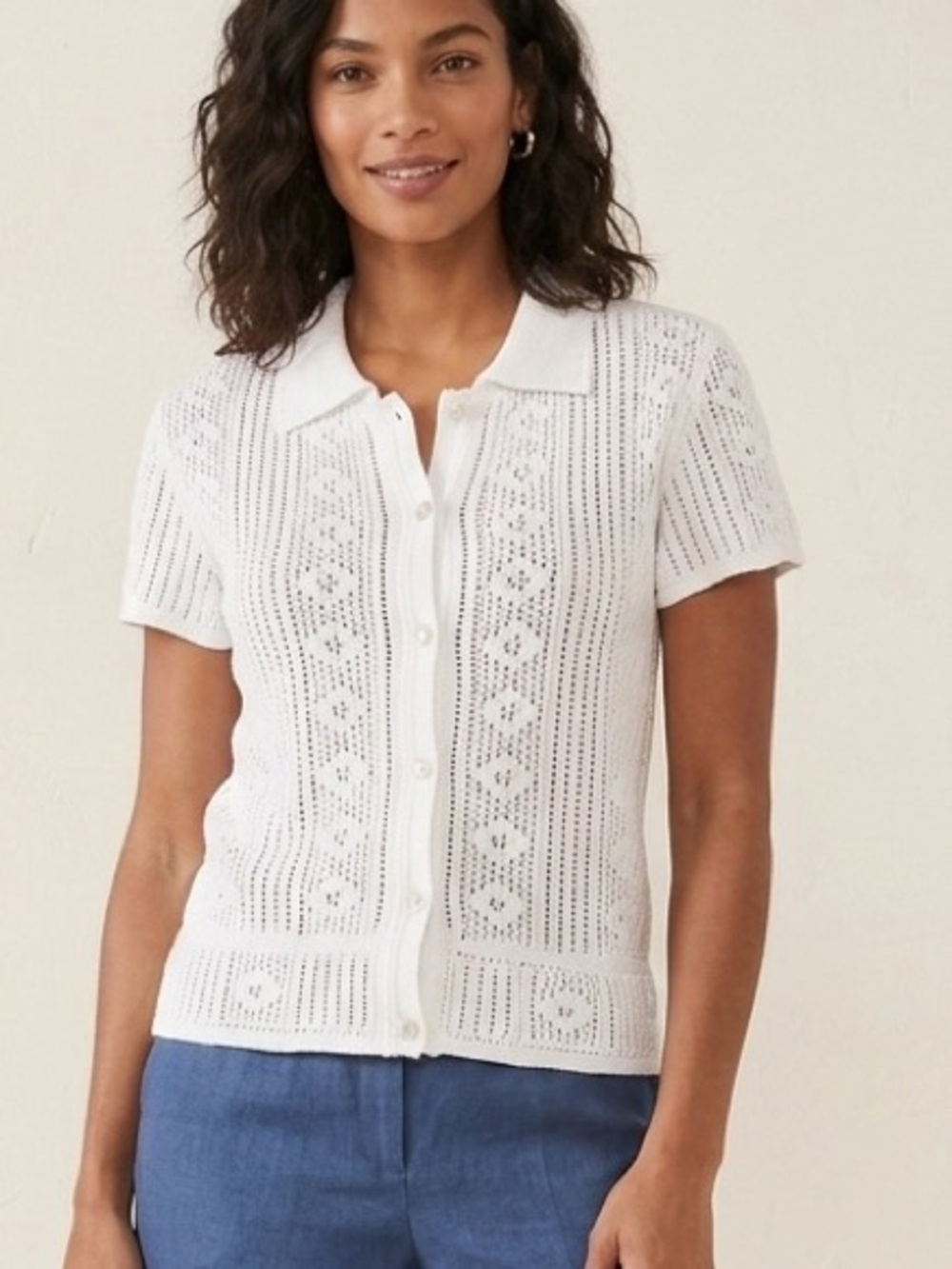 Bay Studio White Open Knit Short Sleeve Button Cardigan Cotton P/S